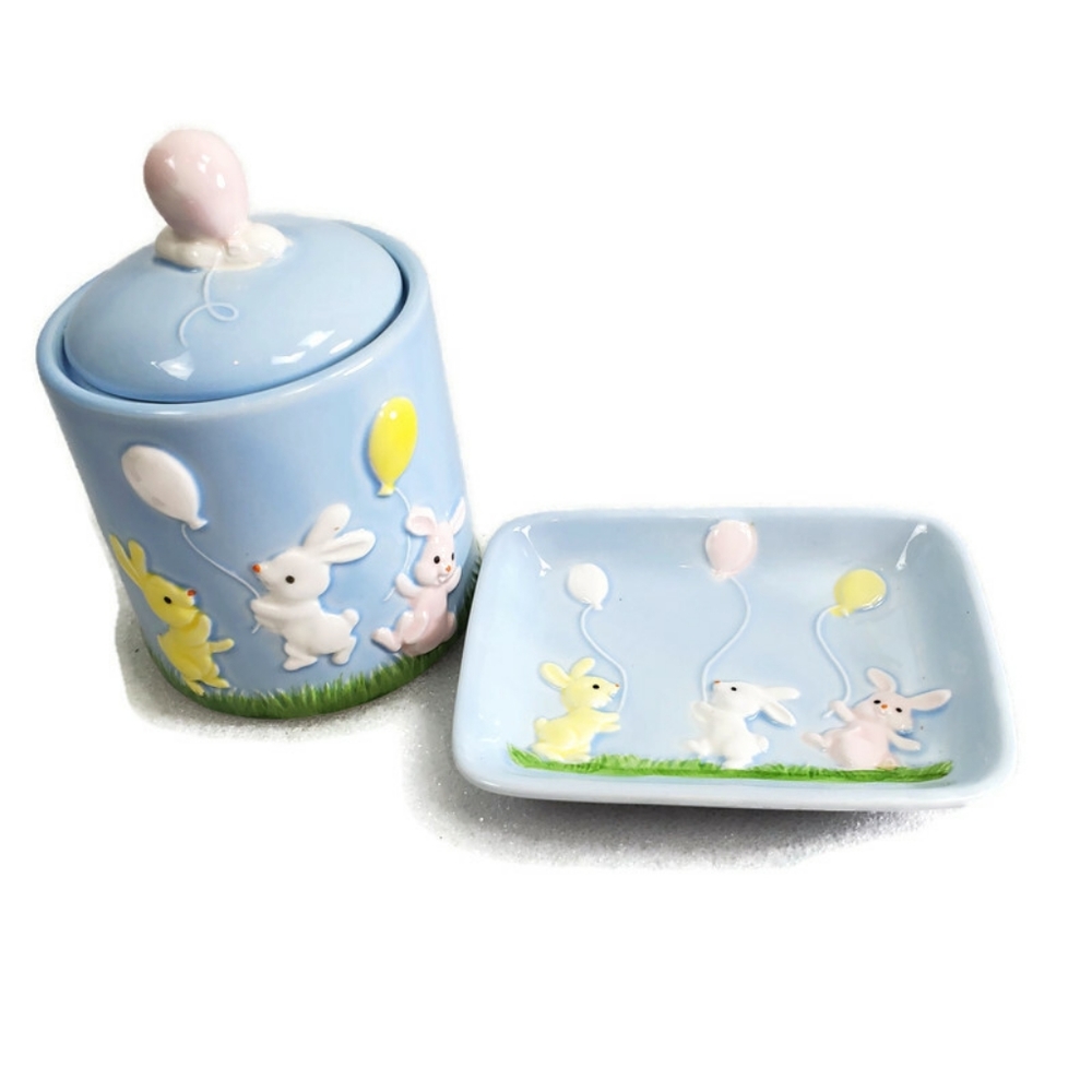  1983 Ebeling & Reuss Bunnies Balloons Container & Tray set Baby Toddler